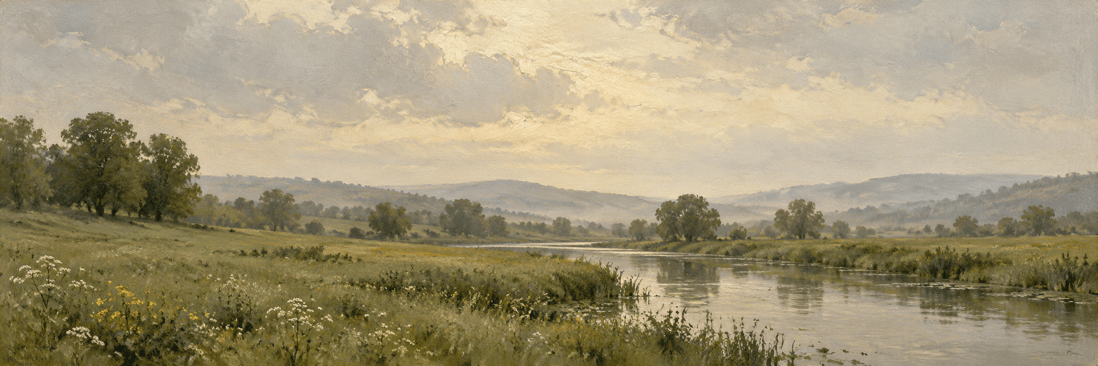 A soft oil-style landscape of a meadow and quiet river, with distant hills under a pale sky.